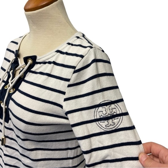 TORY BURCH NAVY WHITE STRIPE NAUTICAL TIE NECK T-SHIRT TOP TEE WOMENS X SMALL - Picture 7 of 12